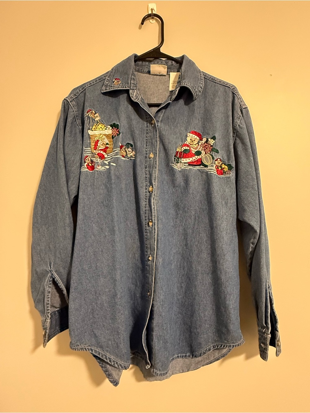 Bobbie Brooks Light Denim Embroidered Holiday Button-Down Shirt